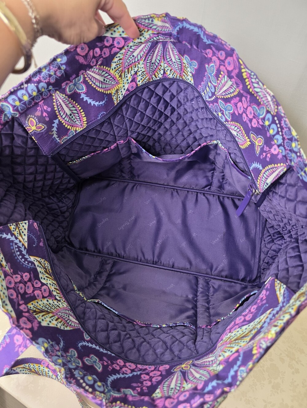 Vera Bradley Quilted Cotton Large Zip Top Tote Bag Purple Pink Paisley Floral - Picture 7 of 10